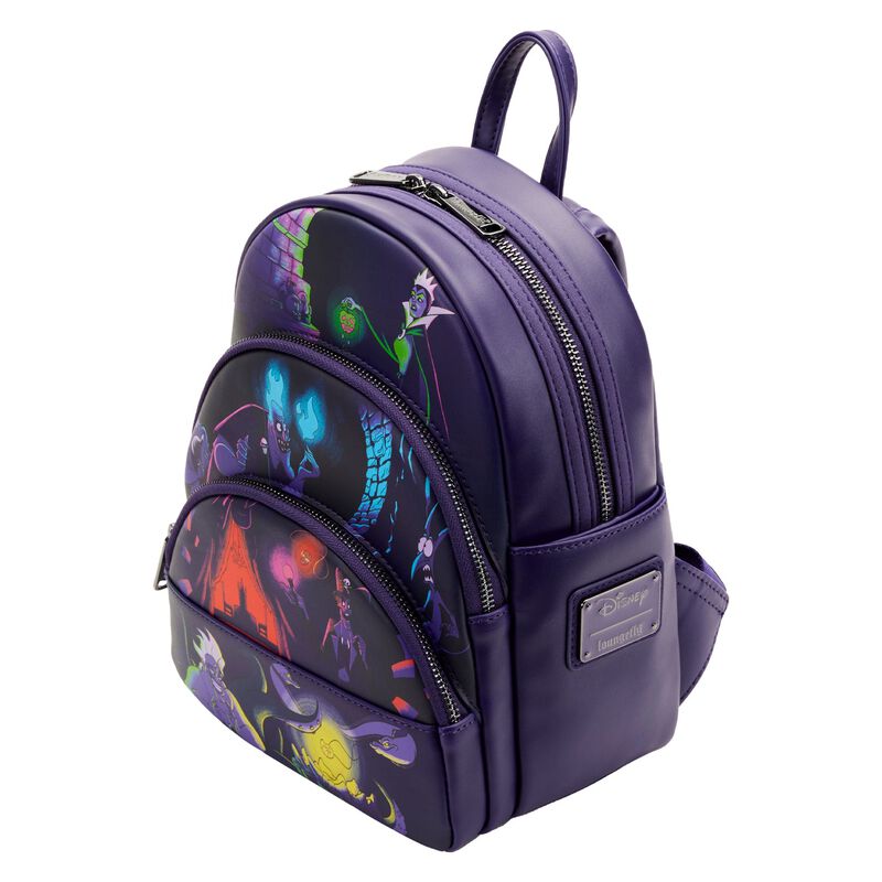 The Disney Villains Glow Mini Backpack by Blue Dog Posters is a small, purple bag presenting vivid graphics of various Disney villains. This glow-in-the-dark mini backpack includes multiple zip compartments, adjustable shoulder straps, and a top handle, with a rectangular Disney logo patch completing the look on the front.