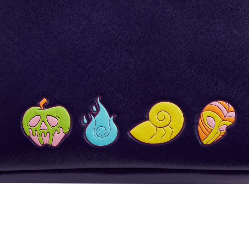 A dark background showcasing four glow-in-the-dark icons: a green apple with pink dripping slime and a skull face, a light blue flame, a yellow swirl resembling a snail shell, and an abstract orange and yellow patterned mask. This design is perfect for the Disney Villains Glow Mini Backpack by Blue Dog Posters.