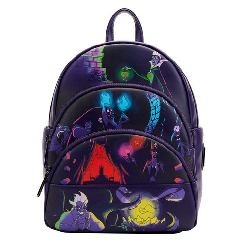 The Disney Villains Glow Mini Backpack by Blue Dog Posters is a dark-themed mini backpack showcasing animated depictions of various Disney villains in vibrant colors. The design features characters in dynamic poses against a mysterious backdrop, complemented by glow-in-the-dark elements such as fire, serpents, and enchanted objects scattered throughout.