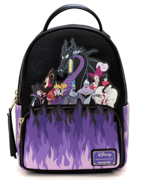 The Disney Villains Purple Flame Backpack from Blue Dog Posters is a black and purple mini backpack showcasing Maleficent, the Evil Queen, Ursula, Cruella de Vil, the Queen of Hearts, Hades, and Captain Hook. The bottom of the backpack is adorned with striking purple flames.
