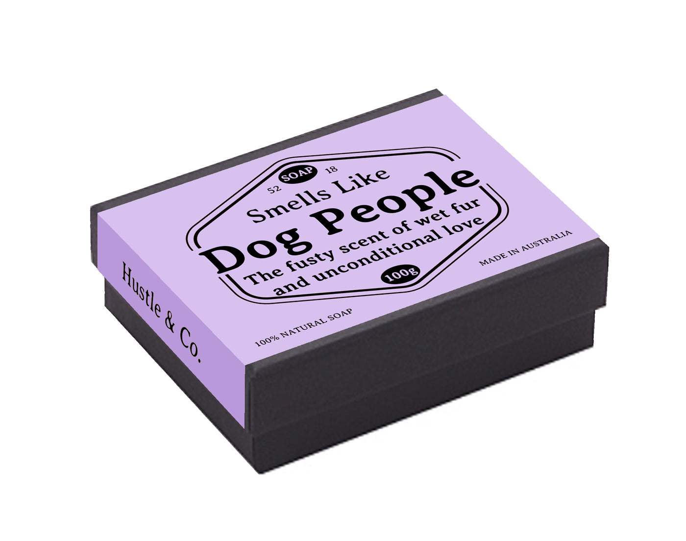 A black rectangular box of goat's milk soap from Blue Dog Posters, featuring a purple label that reads: "Hustle and Co Soap - Dog People - The fussy scent of wet fur and unconditional love." The label also includes "100% natural skincare," "120g," and "Australian made.