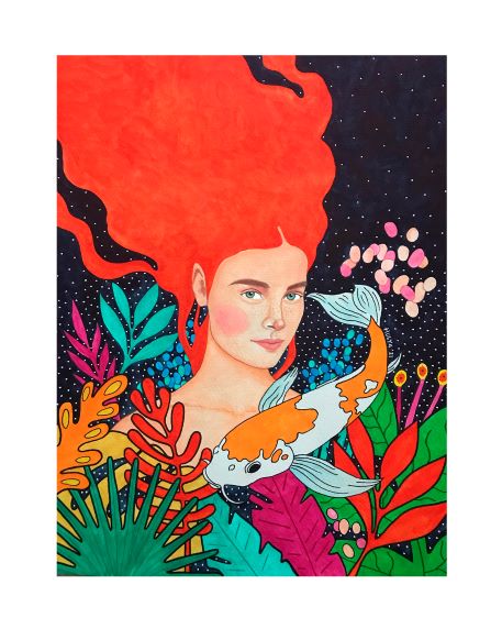 The vibrant Art Print "You Wanna Feel Alive" by Hulya Ozdemir, available from Blue Dog Posters, depicts a woman with long red hair flowing upwards like flames amidst a dark starry background. As part of the Featured Artists Collection, she is surrounded by colorful abstract leaves, plants, and a koi fish swimming around her in a lively and surreal scene.
