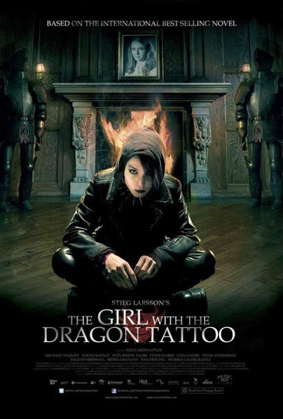 Promotional poster for "The Girl with the Dragon Tattoo." A woman dressed in black with short, dark hair and piercings sits on the floor in front of a fireplace with flames behind her. Printed on premium 150gsm gloss paper, this extra large IMP 064 import poster showcases the film's title and credits below.