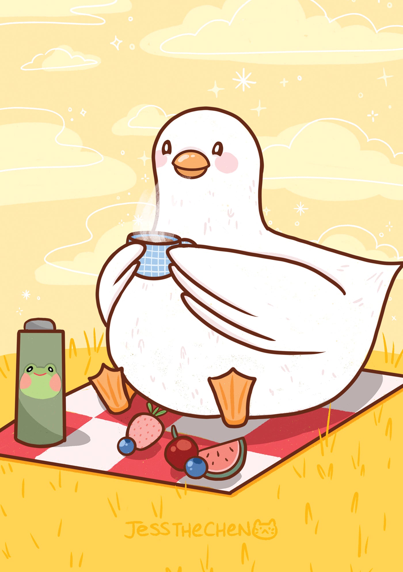 The Picnic Duck by Jess Chen A5 from Blue Dog Posters showcases a charming illustration from the Little Art series, depicting a duck seated on a picnic blanket in a sunny field. The duck is holding a hot drink in a small cup, and surrounding it are various items including a thermos adorned with a frog design and an assortment of fruit, such as strawberries, cherries, and watermelon slices.