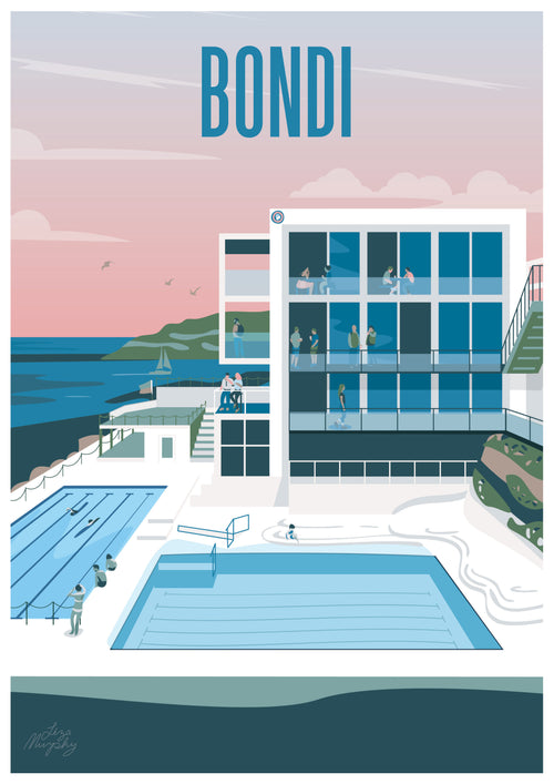 A stylized illustration of Bondi Beach by Liza Murphy titled "Bondi Icebergs - Liza Murphy." This art print features modern buildings, swimming pools with people lounging, swimming, and exercising. The background shows the ocean, cliffs, and a sailboat under a pink and blue sky with seagulls. Part of the fap Featured Artists Collection.