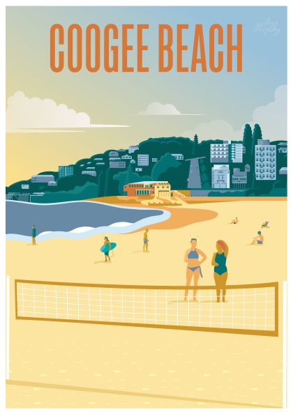 Illustrated art print of Coogee Beach featuring people engaged in various beach activities. A sunny beach scene includes swimmers, surfers, and two people near a volleyball net. In the background, buildings and green hills complete this high-quality satin paper piece from our fap collection: Coogee Beach by Liza Murphy.