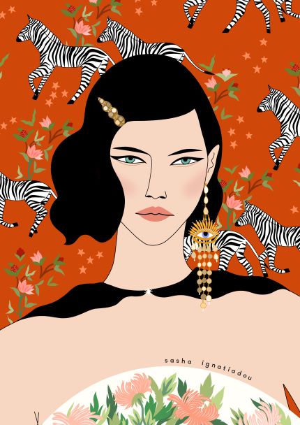 Eva by Sasha Ignatiadou, from Blue Dog Posters, portrays a woman with short black hair adorned with a jeweled hairpin. She wears large earrings and a black top against an orange background featuring zebra and floral designs. This art print is part of the Featured Artists Collection and includes Sasha Ignatiadou's signature at the bottom.