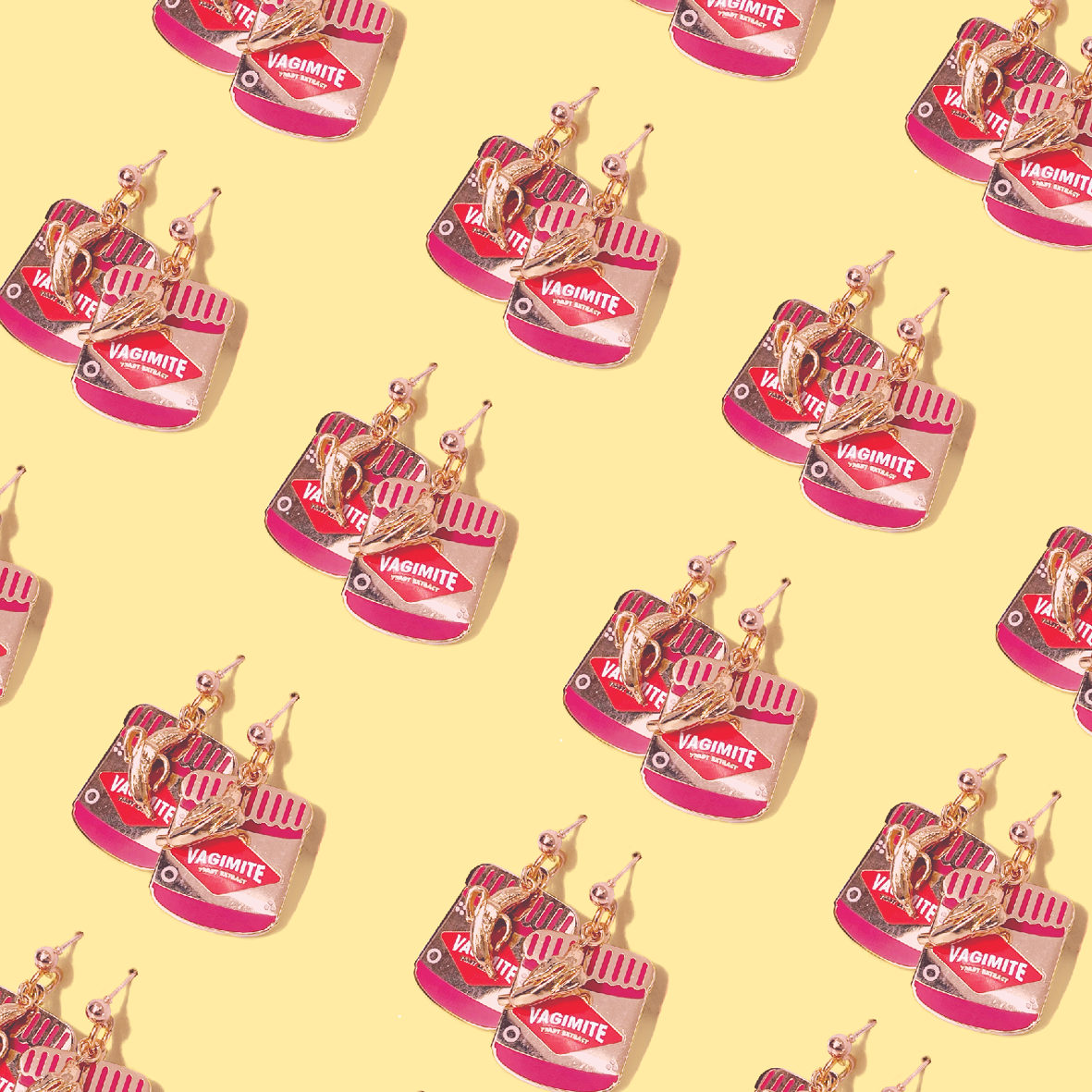 A repeated pattern of Vagimite Earrings by Amy Blue on a light yellow background. The earrings, a piece of queer statement jewelry by Blue Dog Posters, are designed to resemble small containers of Vegemite with a colorful label and a metal hook for wearing.