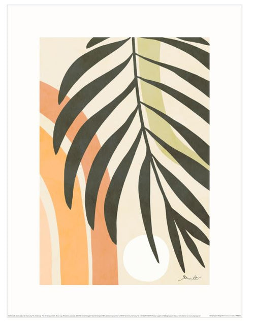 Earthy Tropical Foliage III by D Vari features a minimalist botanical illustration with a dark green palm leaf diagonally spanning from the top left to bottom right. The background showcases abstract, curved shapes in muted orange, pale pink, and cream. Part of the Decor Series Collection by fap, this plant-themed art print is rendered on premium quality 200gsm matte art paper.