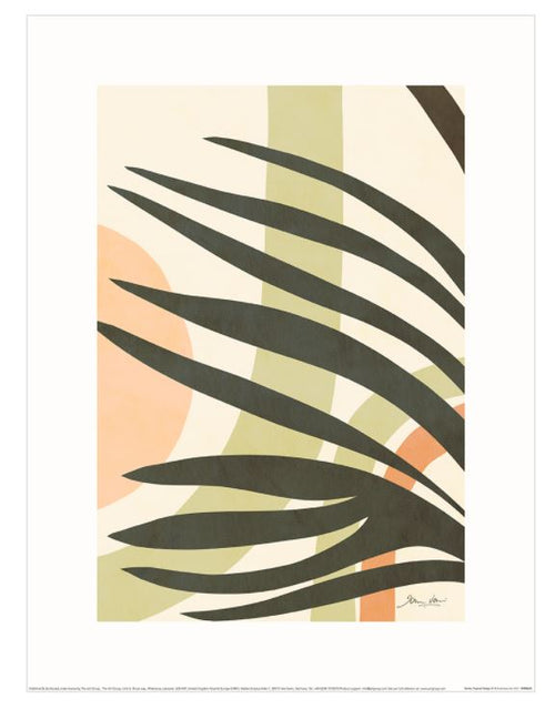 The Earthy Tropical Foliage IV by D Vari from fap is a minimalist botanical art print showcasing large, dark green palm leaves set against a backdrop of abstract shapes in pastel orange and green tones. The simple yet striking design, with its natural and modern aesthetic, makes it an ideal addition to any plant-themed decor collection.