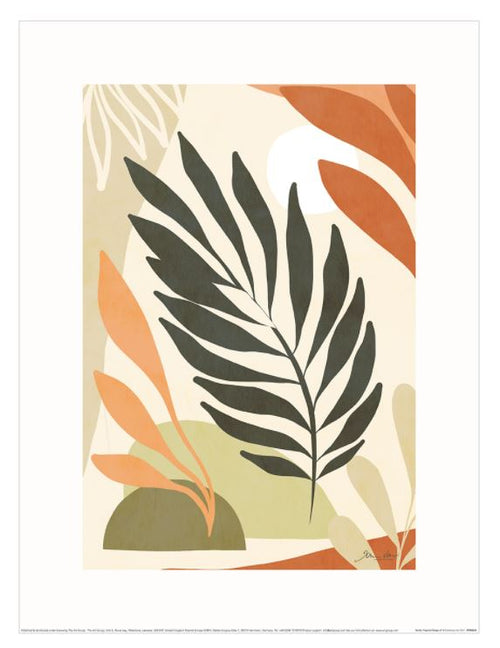 The "Earthy Tropical Foliage VI by D Vari" print from Blue Dog Posters showcases a central dark green palm leaf, complemented by an array of stylized leaves in shades of orange, green, and beige. A white circle in the background evokes the sun. This plant-themed artwork embodies a minimalist nature aesthetic with soft, muted colors on high-quality matte paper.