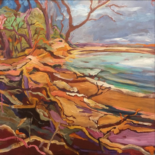 The painting **Erosion 1 by Christine Read**, offered by **Blue Dog Posters**, showcases a colorful beachscape with swirling, abstract shapes. Vibrant hues of orange, pink, and red dominate the foreground while the background reveals a serene coastline with blue-green water and a cloudy sky. The Art Print is produced on premium quality art paper and trees with bare branches frame the scene beautifully.