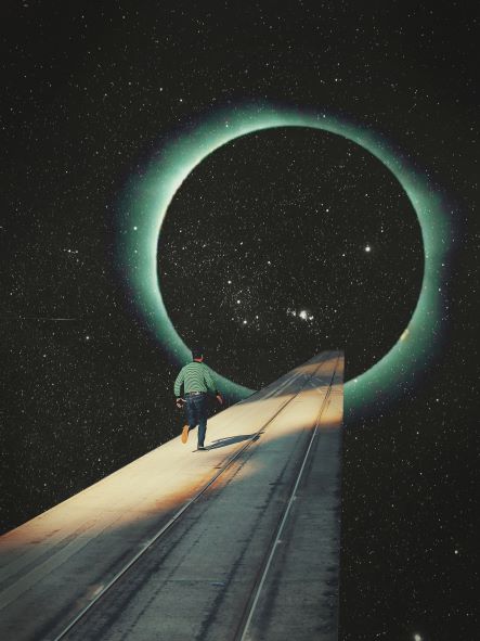 Wearing a green shirt, a person races along a narrow path stretching through the starry sky, heading toward a large, glowing circular portal in space. This surreal and otherworldly scene is captured in "Escaping into the Void by Frank Moth," an art print from our Featured Artists Collection available at Blue Dog Posters. It brilliantly illuminates the surrounding darkness.