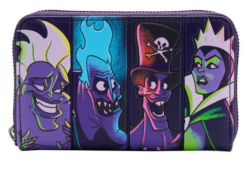 The Disney Villains In the Dark Zip Purse by Blue Dog Posters is a zippered wallet that showcases colorful, stylized illustrations of four iconic Disney villains: Ursula, Hades, Dr. Facilier, and the Evil Queen. The dark purple background contrasts with the vibrant colors and exaggerated expressions of the characters, all beautifully crafted in vegan leather.