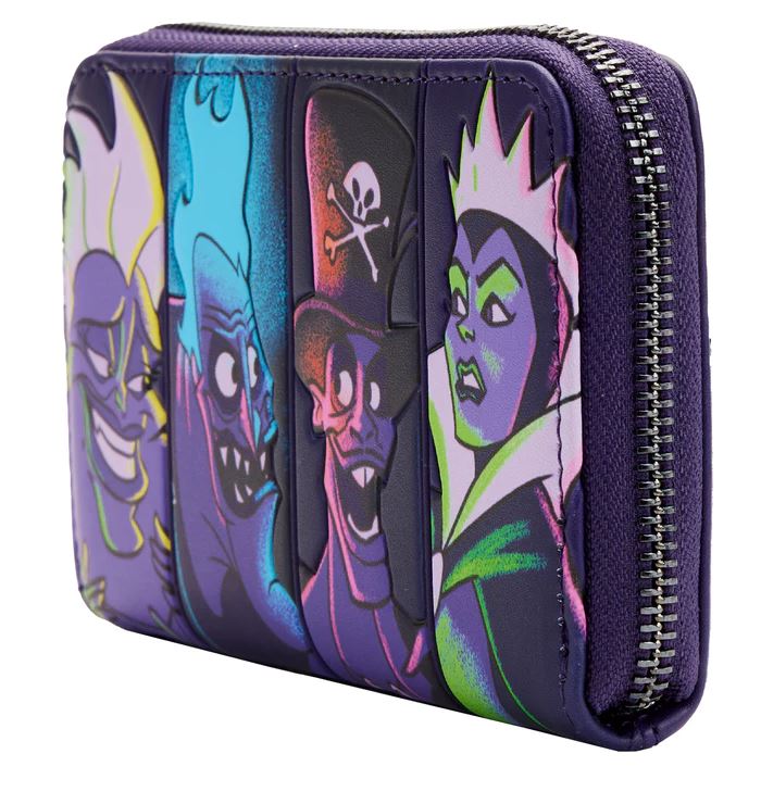 The Disney Villains In the Dark Zip Purse by Blue Dog Posters is a purple Loungefly wallet adorned with stylized illustrations of four animated Disney villains. Each figure is depicted in an exaggerated, colorful design and captured in unique, dynamic poses. The vegan leather wallet highlights its texture and vibrant colors beautifully.