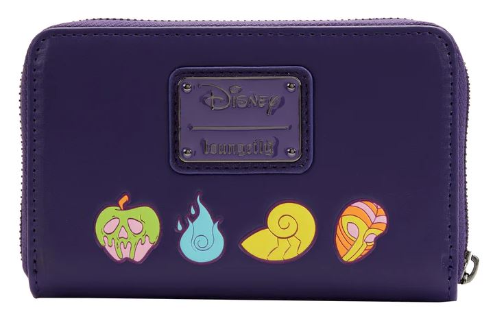 The Disney Villains In the Dark Zip Purse by Blue Dog Posters is a small, purple wallet made from vegan leather, featuring a metal Disney logo plate at the top center. Below the plate, icons of a poison apple, blue flame, golden shell, and red mask represent various Disney villains. This zippered Loungefly wallet is an ideal accessory for any fan of Disney villains.