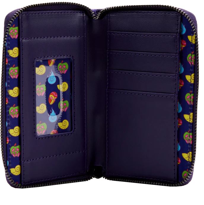 A bi-fold Disney Villains In the Dark Zip Purse by Blue Dog Posters, shown open with a purple interior. The left side features an ID window adorned with a colorful design showcasing various patterned snails. The right side contains multiple card slots. Made from vegan leather, the purse's inner lining also displays the same vibrant snail pattern.