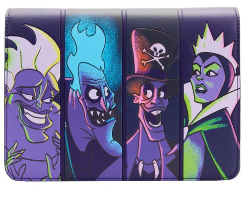 The Disney Villains In the Dark Crossbody by Blue Dog Posters features colorful, animated illustrations of four villains. From left to right: a smirking character with tentacles and white hair, a blue-flamed figure, a person with a top hat adorned with a skull, and a crowned individual in a green cloak. Made from vegan leather by Loungefly.