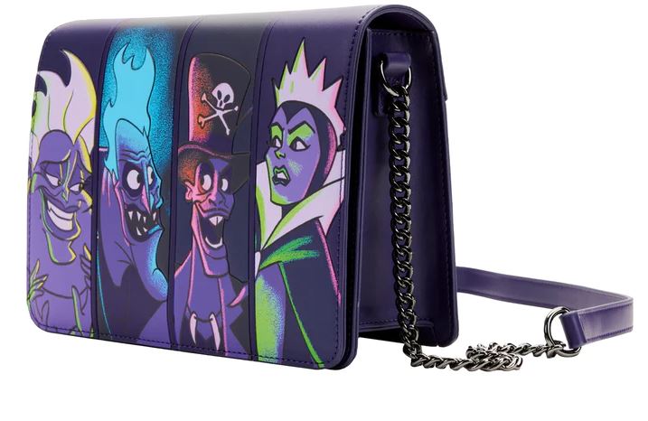 Introducing the Blue Dog Posters "Disney Villains In the Dark Crossbody" bag, a vibrant purple Loungefly creation adorned with colorful cartoon illustrations of iconic Disney Villains. This stylish crossbody bag is crafted from vegan leather and features a convenient chain strap along with a secure flap closure. The characters are depicted in a stylized, vibrant art style against a dark background, making it the perfect accessory for any Disney fan.