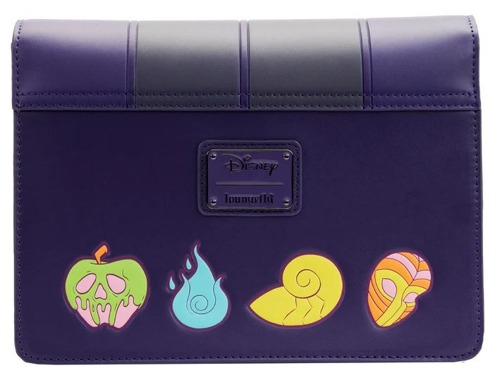 The Disney Villains In the Dark Crossbody by Blue Dog Posters is a purple bag made from vegan leather, featuring iconic symbols such as the poison apple, blue flame, conch shell, and a yellow spiral with an orange and yellow twisted wrap.