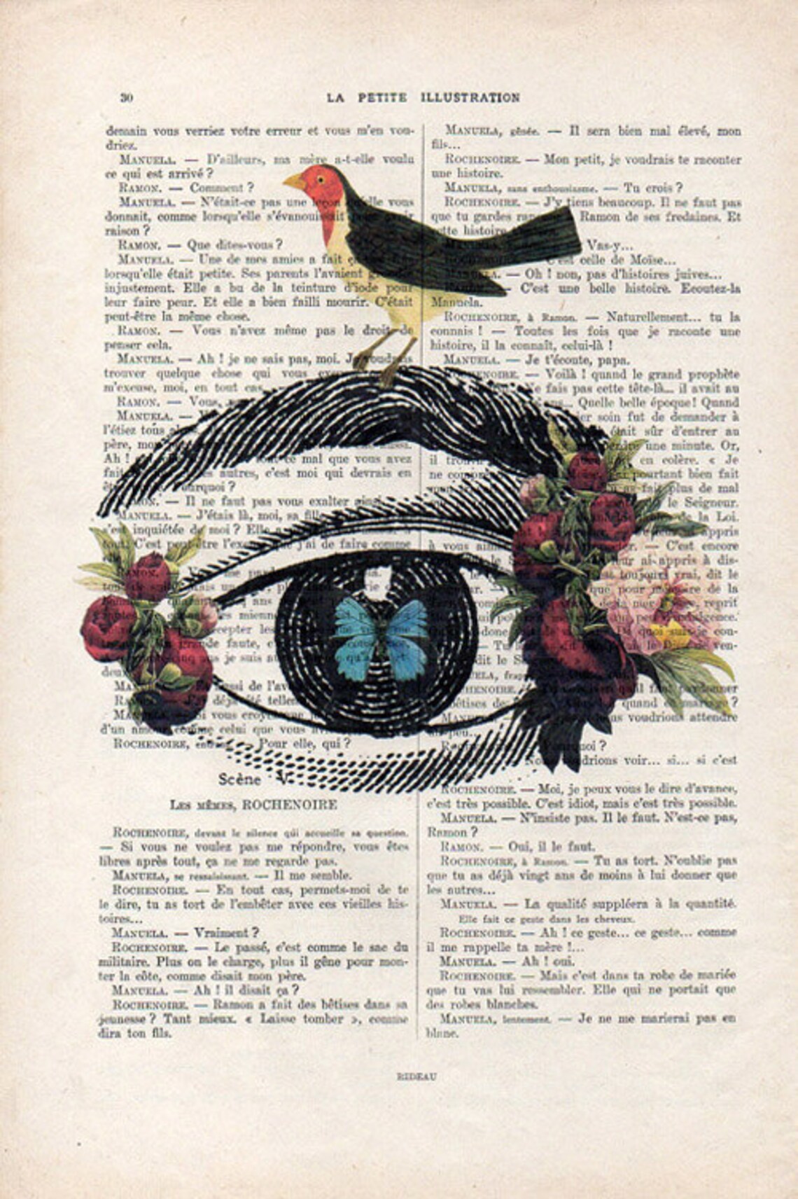 The Antique Book print from Blue Dog Posters, measuring 29x19cm, features an intricate illustration of an eye with a butterfly in its pupil, surrounded by flowers, a bird, and fruit. The artwork is layered over a page of French text to create a stunning collage-like effect.