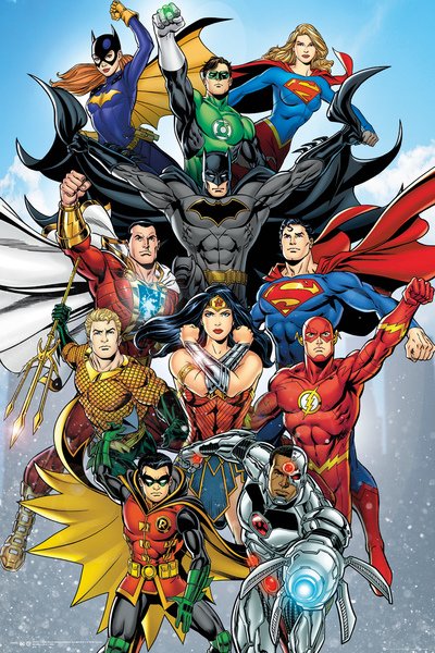 An illustration of several DC Comics superheroes standing in a heroic pose. The characters, including Batman, Superman, Wonder Woman, Flash, Green Lantern, Aquaman, Cyborg, Supergirl, and Batgirl are dressed in their iconic costumes. This DC Comics rebirth by MTV is printed on premium 150gsm gloss paper.