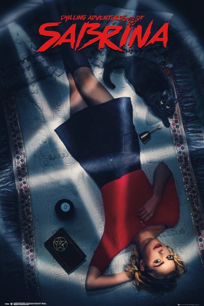 Promotional TV Show Poster for "Chilling Adventures of Sabrina" featuring a young woman lying on the floor in a red top and dark skirt. Surrounded by a black cat, spell book, candle, and an 8-ball. The title is displayed in bold red letters at the top. Printed on premium 150gsm gloss paper. Product Name: Sabrina - Key Art Brand Name: MTV 217