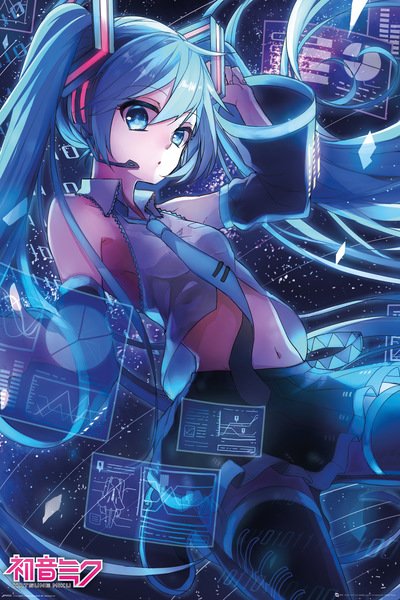 Against a starry backdrop, the Japanese animation character Hatsune Miku, from MTV 377, sports long blue hair and futuristic attire. She stands amid floating digital screens with headphones on and a confident expression. Bright colors and effects craft the perfect sci-fi vibe for an Anime Poster.