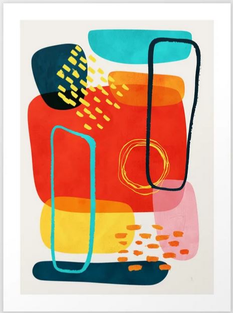 A colorful abstract art print with overlapping geometric shapes in red, teal, yellow, pink, and orange. The shapes vary in size and are outlined with thin black or blue lines. Yellow dashes and an orange spiral add additional texture and interest to this piece from the Ferra by Tracie Andrews Collection by GAP.