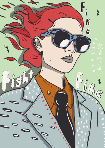 Illustrated image of a person with red hair and sunglasses, wearing a light gray polka-dotted suit jacket, orange shirt, and black tie. Text around the person reads "Fight Fire With Fire" in stylized lettering. Part of our Featured Artists Collection by Mari T, this art print is on 250gsm satin paper with a light green background.