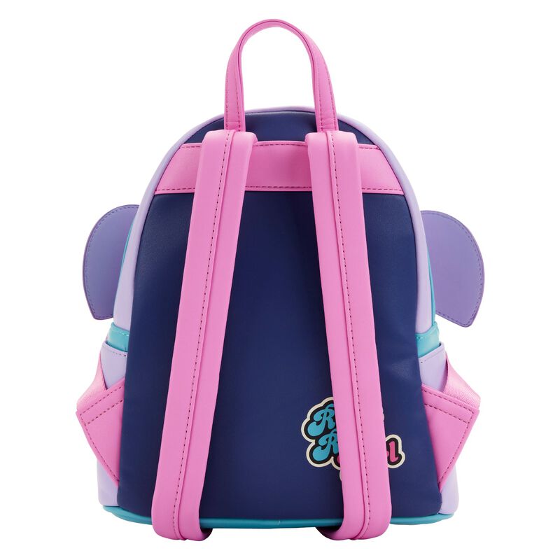 The Finding Nemo Darla Mini Backpack by Blue Dog Posters is a small, colorful backpack with a navy blue body, pink straps, and pastel accents. The bag features pink ears on the sides and a patch with the text "Riki Riki" near the bottom. Inspired by Loungefly Disney-Pixar's *Finding Nemo*, the shoulder straps are reinforced for comfort and durability.