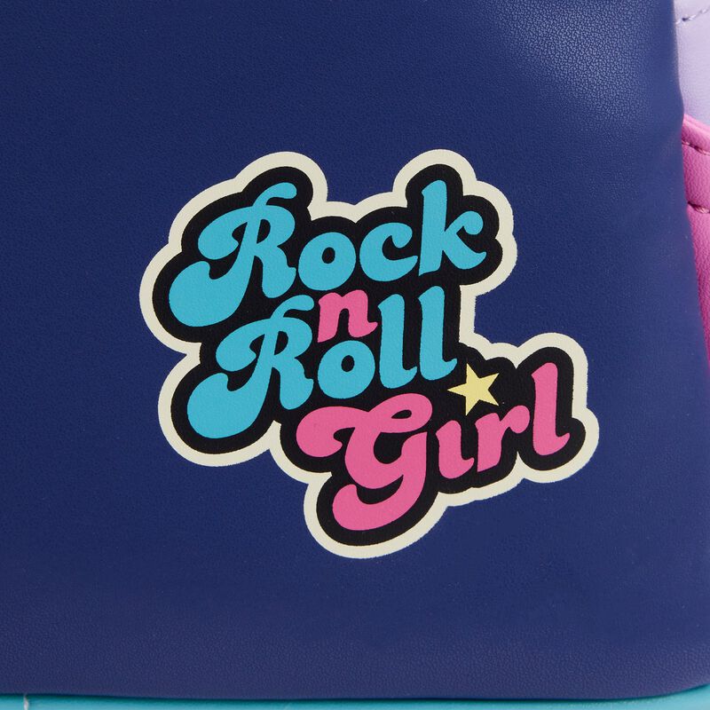 Set against a blue backdrop, the Finding Nemo Darla Mini Backpack from Blue Dog Posters features a vibrant text graphic that boldly declares "Rock n Roll Girl" in stylized letters. The words "Rock" and "Girl" glisten in teal reminiscent of Darla's fish tank, while "n Roll" stands out in pink, highlighted by a small yellow star next to "Girl.