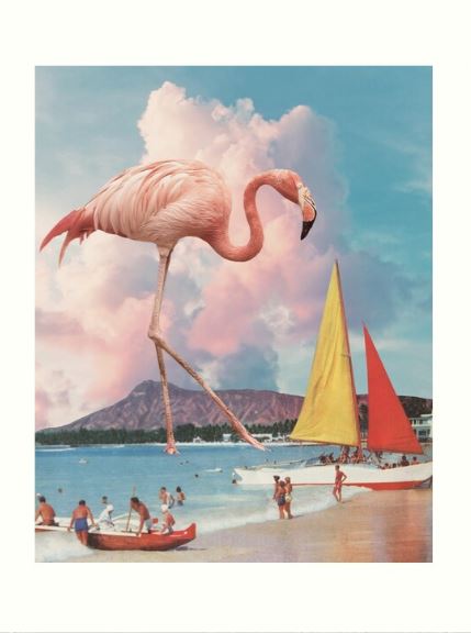 The digitally altered image "Flamingo Playground by Leaf & Petal" from the GAL54 Gallery Series features a giant flamingo on a beach with people, sailboats, and a mountain under a pink and blue sky. It's available as an Art Print on premium archival paper.