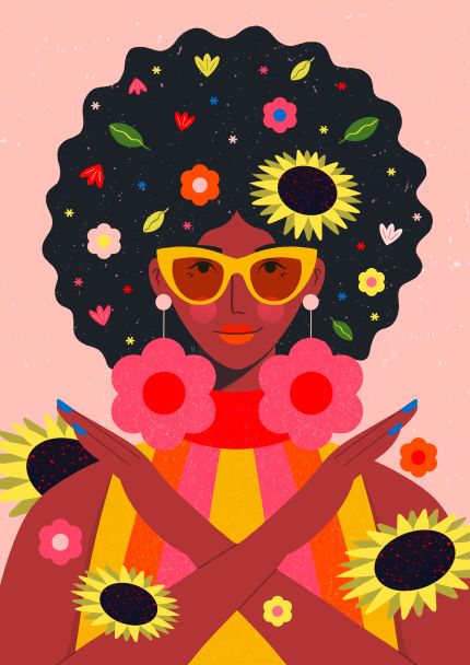 Flower Power by Kitty O Illustrates, from Blue Dog Posters, features an illustration of a woman with dark skin and an afro adorned with leaves and flowers. She accessorizes with oversized pink flower earrings and yellow sunglasses while crossing her arms over her chest in a colorful striped outfit accented with sunflowers. The background is pink. This art print is part of the Featured Artists Collection and is available on 250gsm satin paper.
