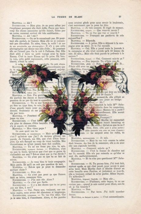 The "Antique Book print 29x19cm Peony Ovary" by fap features an illustration of the female reproductive system set against a vintage page from an antique French book, enhanced with intricate floral decorations in red, pink, and green. These one-of-a-kind prints blend medical science with artistic designs to produce captivating art pieces.