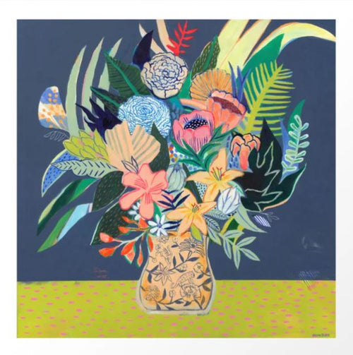 Flowers for Adriana by Misha Blaise (GAL37) features a vibrant floral arrangement in a patterned vase on a dark blue background. The art print showcases pink, orange, blue, and green flowers and leaves with a butterfly. The lime green table with pink dots makes it ideal for any Gallery Series collection.