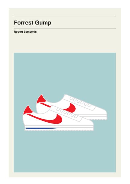 Minimalist movie poster for "Forrest Gump" directed by Robert Zemeckis. The Forrest Gump Shoes art print from the featured artists collection by Otsutree and Blue Dog Posters showcases a pair of white running shoes with red swooshes against a light blue background, evoking the iconic running scenes from the film.