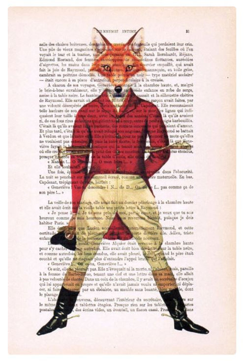 An illustration of an anthropomorphic fox standing confidently. The fox, dressed in a red shirt and beige pants tucked into black boots, holds a rifle across its shoulders. The background features text from antique French books, adding a touch of historical charm to this unique print. This charming artwork is part of the ABP collection and is titled "Antique Book Print 15 x 21cm Red Fox.