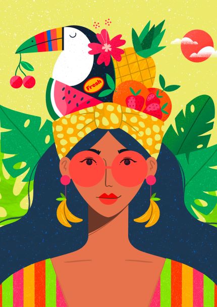 Part of our Featured Artists Collection, **Fresh and Fruity by Kitty O Illustrates** from **fap** showcases a vibrant art print depicting a woman with long blue hair, wearing pink sunglasses and banana-shaped earrings. Her fruit hat dazzles with a pineapple, watermelon, strawberries, cherries, and a colorful toucan. Printed on 250gsm satin paper for premium quality.