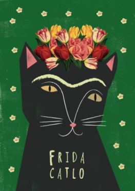 This A3 art print from the fap brand, entitled "Frida Catlo by Nia Gould," is part of their Featured Artists Collection. It showcases an illustration of a black cat with yellow eyes, a uni-brow, and a flower crown, evoking the style of Frida Kahlo. The green background is dotted with small yellow flowers and features the text "Frida Catlo" at the bottom.