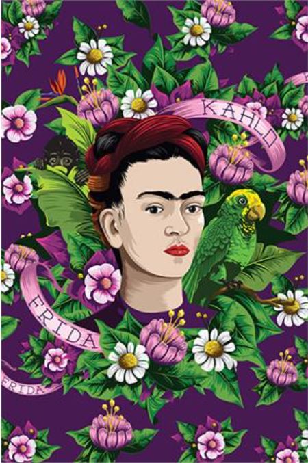 Illustration of Frida Kahlo surrounded by vibrant green leaves, pink and white flowers, a green parrot on her shoulder, and a small black monkey behind her. The background is a rich purple with pink banners reading "Frida Kahlo." This Urban Art Poster, "Frida Kahlo Parrot" by ART 089, is perfect for your Art & Decor needs.
