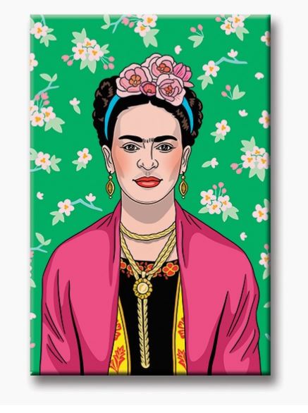 Illustration of a woman with a visible braid and pink flowers in her hair, wearing a pink shawl over a black and yellow dress, and gold earrings. The background is green with scattered white and yellow flowers, reminiscent of the charming designs you'd find on fridge magnets. This captivating artwork is featured on the Frida Pink Florals Magnet by Blue Dog Posters.