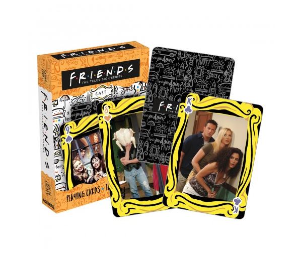 A set of "Friends Playing Cards" by Blue Dog Posters is displayed. Part of the Cool Gifts Collection, the box features the show's logo and two cards with character images partially out—one with three characters and another with a character with a turkey on their head. The designs have a yellow frame.