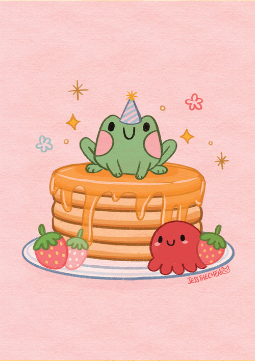 A delightful illustration from the Featured Artist Collection, titled "Frog Pancake" by Jess Chen, under the Blue Dog Posters brand, features a charming frog wearing a party hat while perched atop a stack of syrup-soaked pancakes. Accompanying this scene are strawberries and a joyful red jelly-like character on the plate. The pink backdrop is adorned with whimsical stars and sparkles. This adorable artwork is available as an A3 print through digital printing.