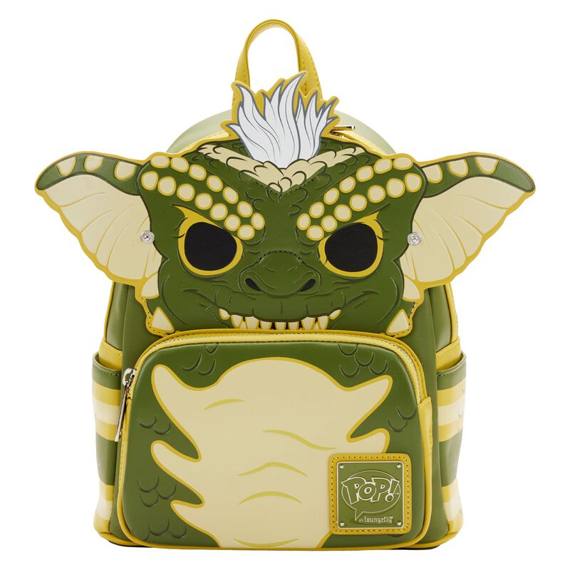 Introducing the Gremlins Stripe Mini Backpack by Blue Dog Posters, a delightful accessory that beautifully captures the mischievous essence of the green Gremlin character. Featuring a playful smile, bright orange eyes, and distinctive large ears, this eye-catching bag boasts an unforgettable mix of vibrant green, yellow, and white in an illustrative style.