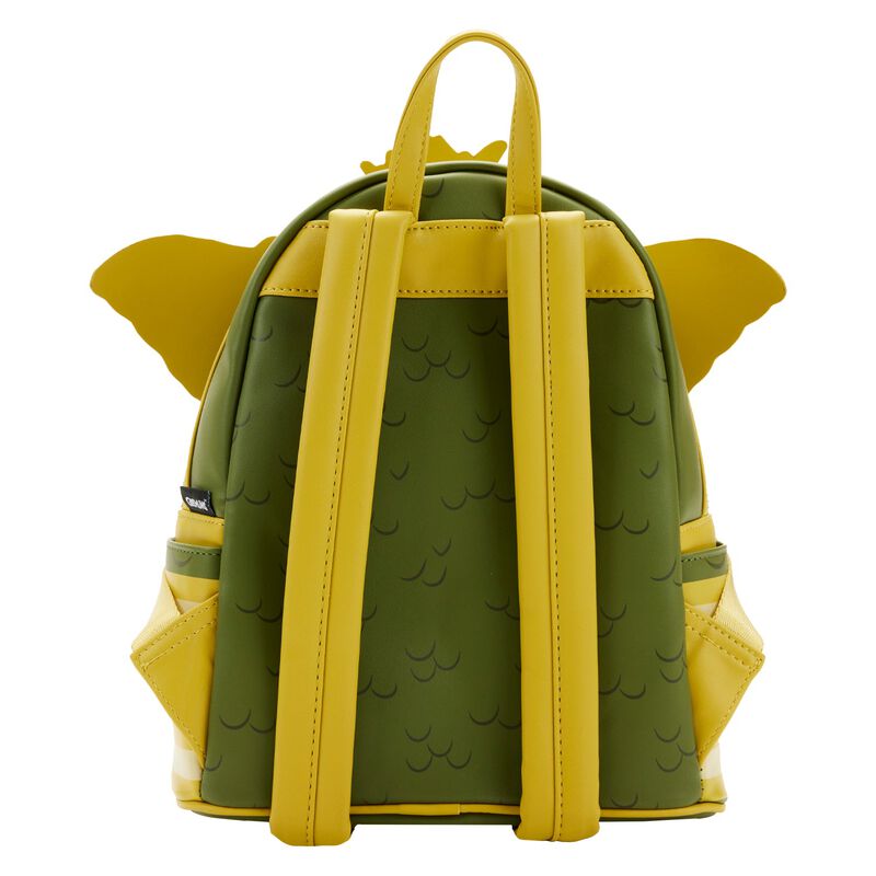 Introducing the Gremlins Stripe Mini Backpack by Blue Dog Posters—a lively and colorful accessory perfect for all your adventures. This small green and yellow backpack boasts wing-like details and a textured pattern. It features two adjustable yellow straps for added comfort and side pockets for convenience, making it the ideal playful companion.