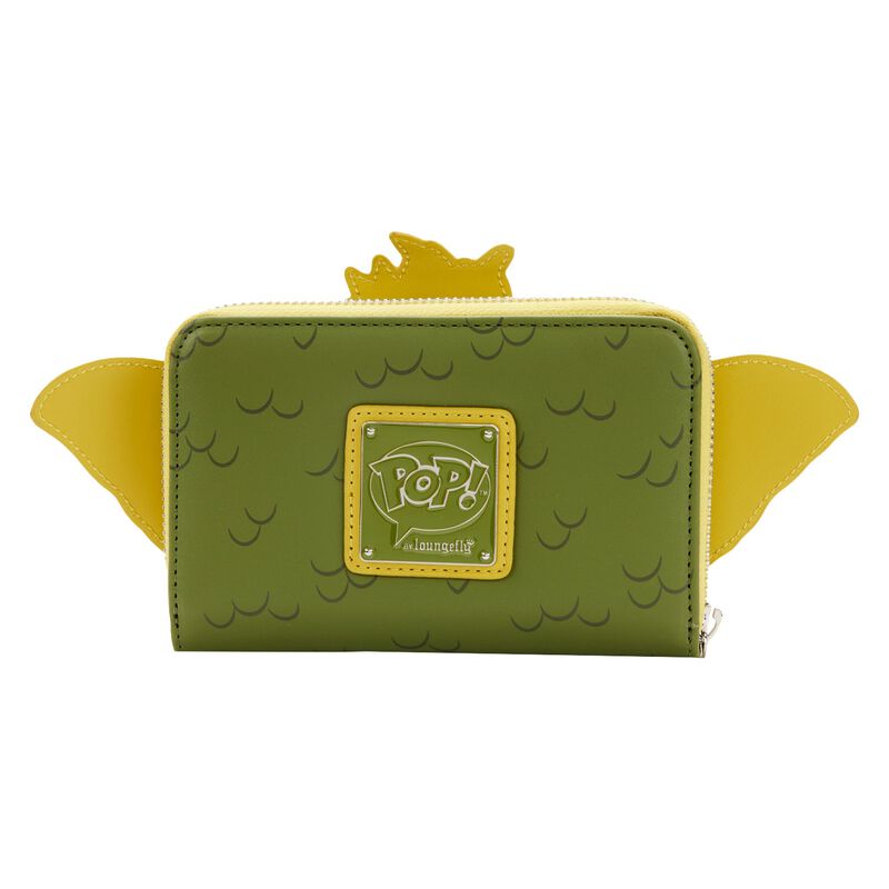The green Gremlins Stripe Pop Purse, crafted to resemble a popular character, features yellow accents mimicking ears and a tuft. This purse has glow-in-the-dark elements and showcases the "Blue Dog Posters" logo on the front. The zipper is conveniently situated on the right side.