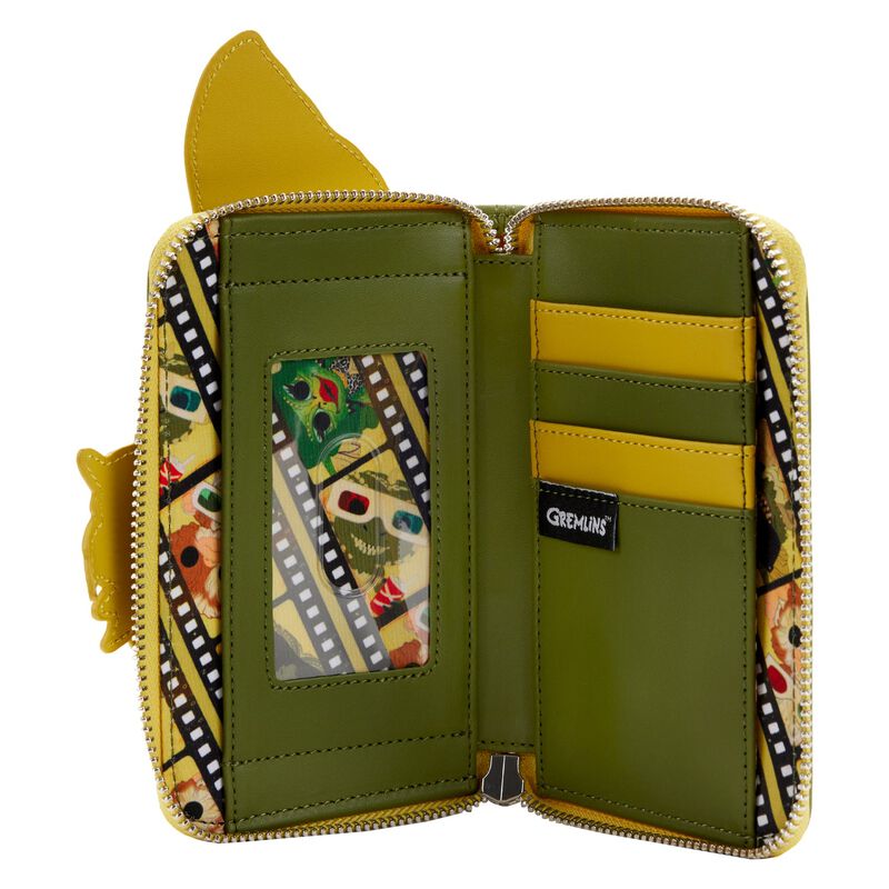 Introducing the Gremlins Stripe Pop Purse by Blue Dog Posters featuring green and yellow interiors, multiple card slots, an ID window, and Gremlins-patterned lining. This zippered wallet boasts glow-in-the-dark details with Gremlin ears peeking out at the top for a Funko Pop! touch.