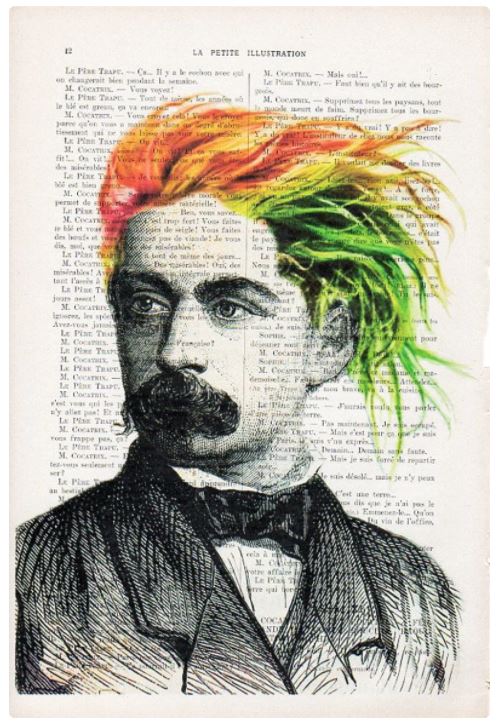 A sketch of a man with a mustache and formal attire, set against a page of text from antique French books. His hair is colored in vibrant shades of orange, yellow, and green, giving a surreal and artistic flair to the portrait. The background text enhances the unique print quality of the ABP Antique Book Print 15 x 21cm Funny Hair piece.
