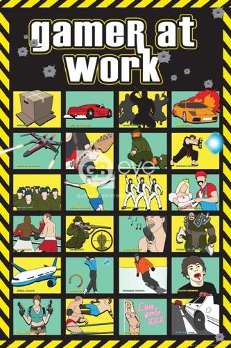 A premium GAM 046 product titled "Gamer at Work Pictures" featuring a grid of 5x5 illustrated scenes depicting various gaming scenarios, including car racing, military operations, boxing, and fantasy elements. Printed on premium 150gsm gloss paper, the background has a caution tape border with bullet hole graphics.